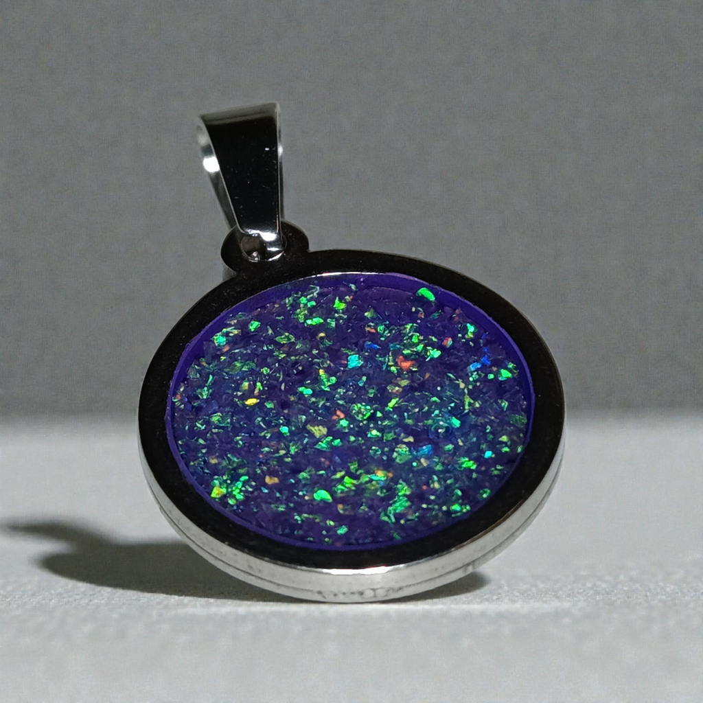 Halskette/Anhänger aus hausgemachtem synthetischem Opal-Edelstahl, kreisförmig