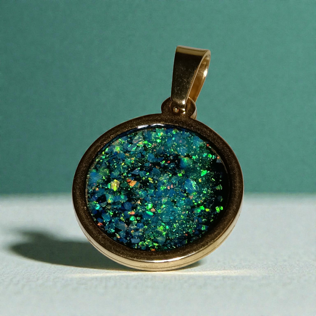 Halskette/Anhänger aus hausgemachtem synthetischem Opal-Edelstahl, kreisförmig